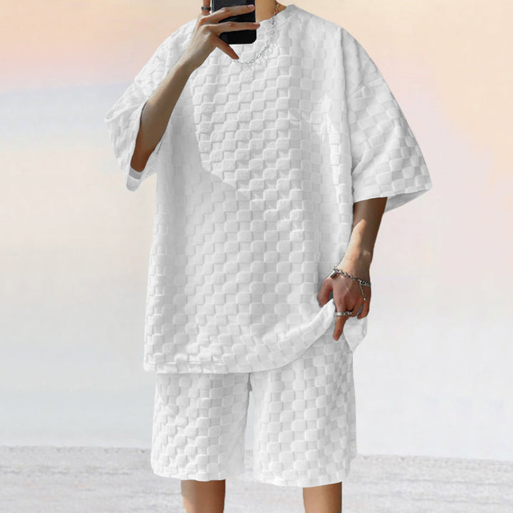 Discover the Jacquard Plaid Loose Straight Casual Shorts Suit