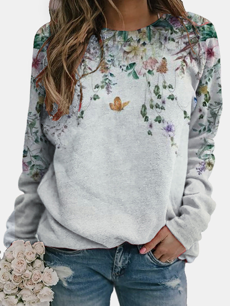 Loose Round Neck Floral Element Print Sweatshirt
