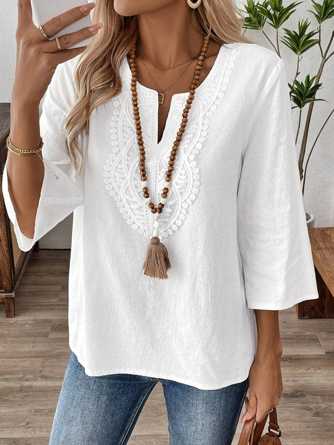 Women's Solid Color V-Neck Long Sleeve Blouse