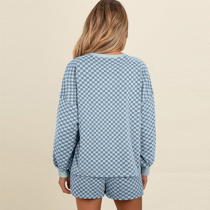 Women's Printed Checks Long Sleeve Two-piece Set