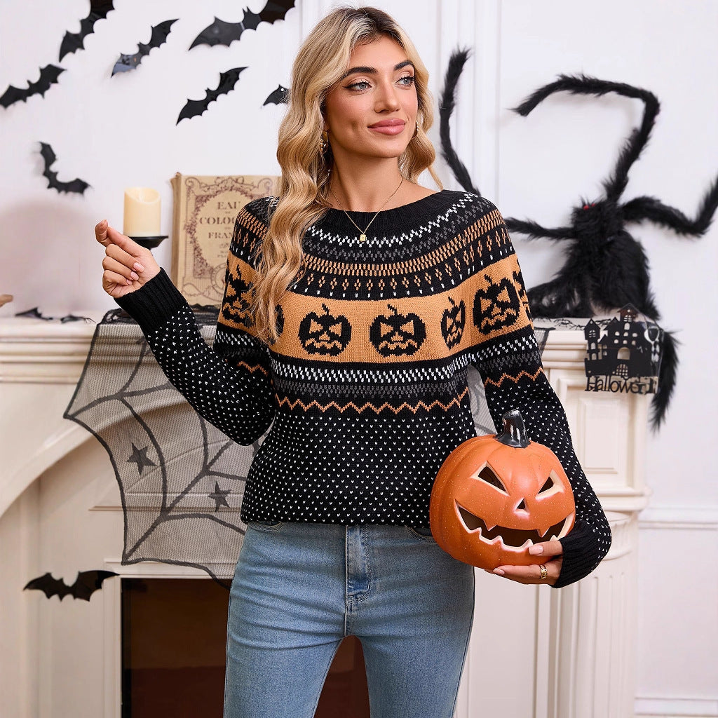 Women's Halloween Pumpkin Embroidered Sweater