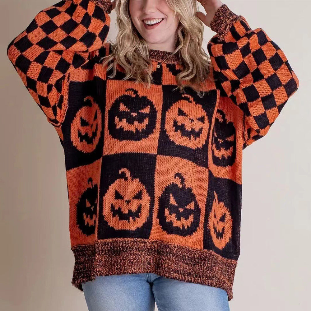 Halloween Cartoon Ghost And Checkerboard Print Sweater