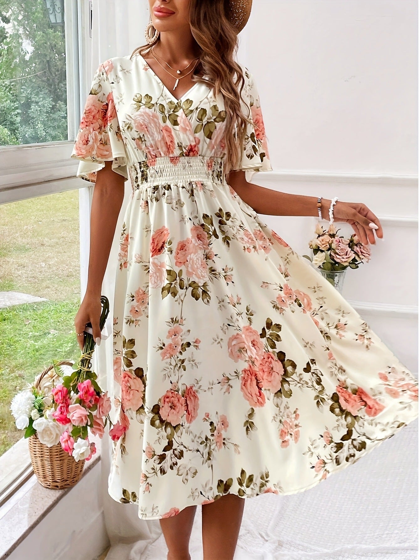 Ladies Plant Flower Print Belt Smocking Dress
