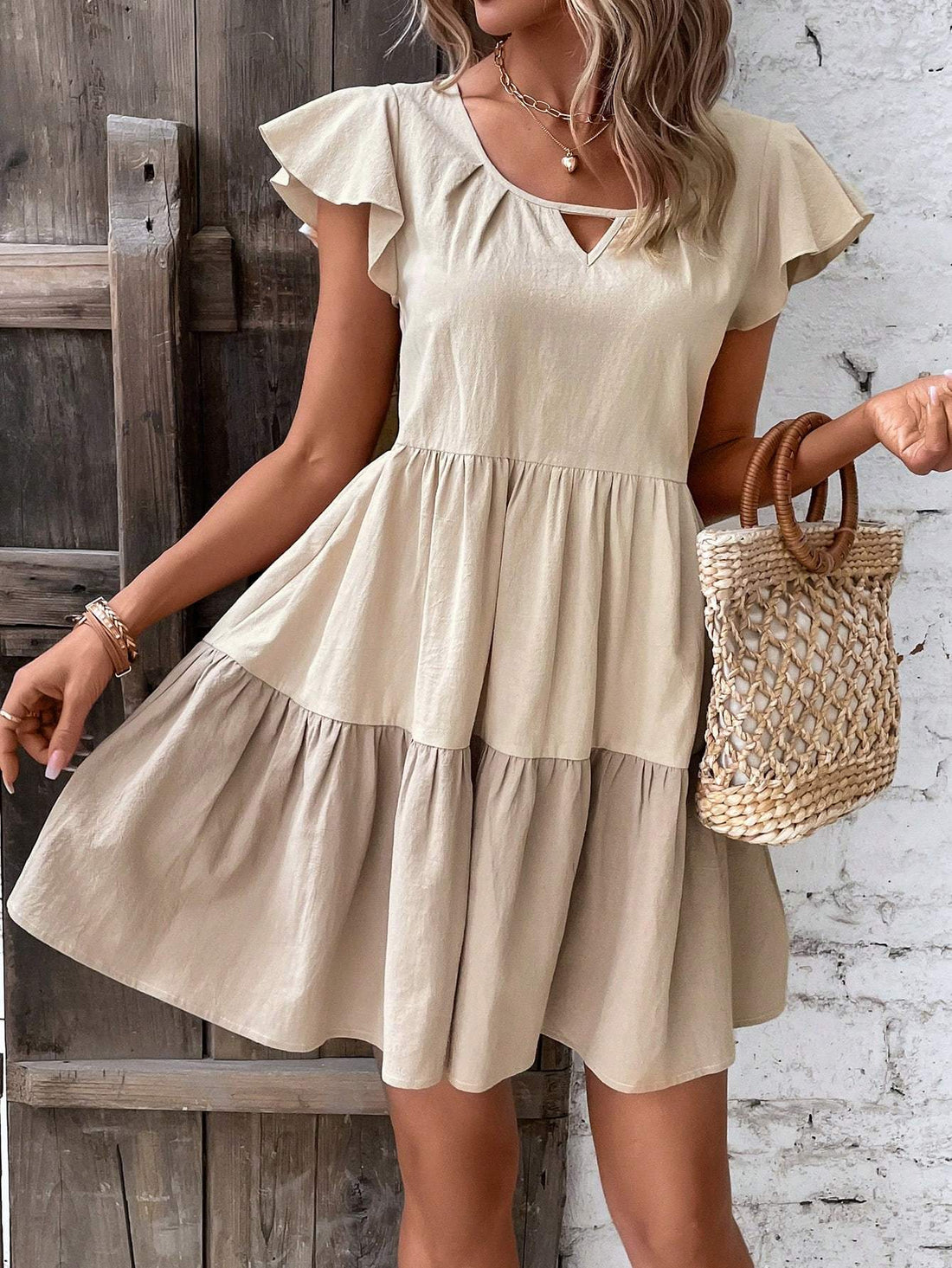 Colorblock Keyhole Neckline Ruffle Hem Smock Dress