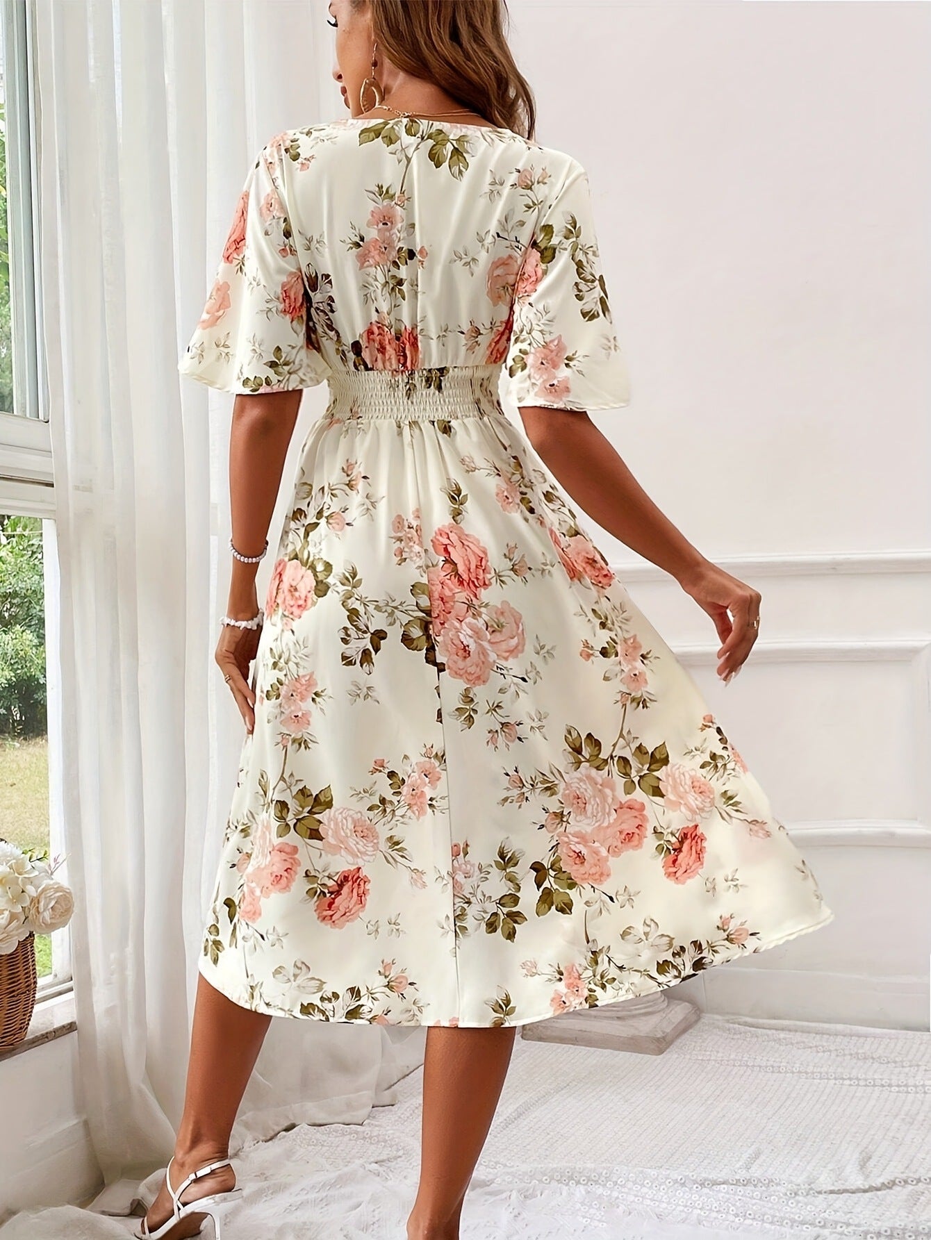 Ladies Plant Flower Print Belt Smocking Dress