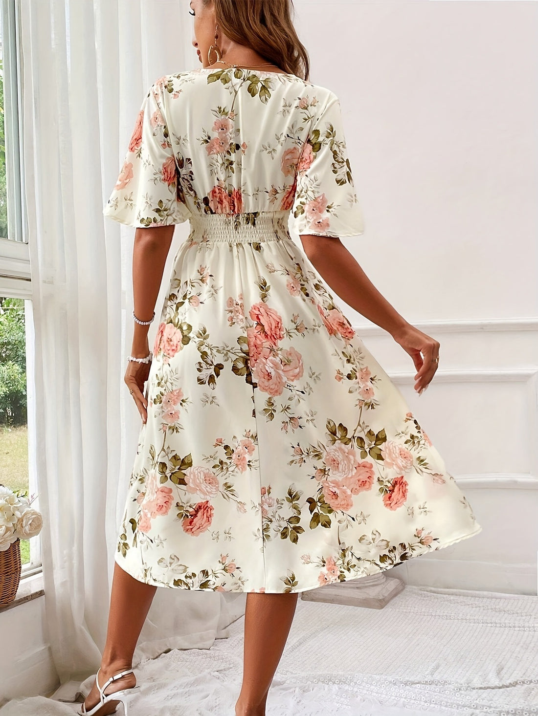 Ladies Plant Flower Print Belt Smocking Dress