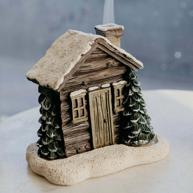 Log Cabin Incense Burner Rustic Christmas Resin Statue