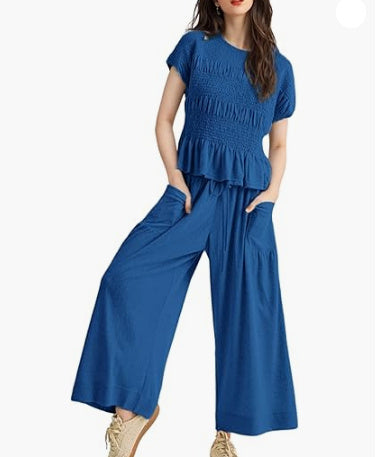 Women's 2-piece Pleated Top And Wide Leg Pants