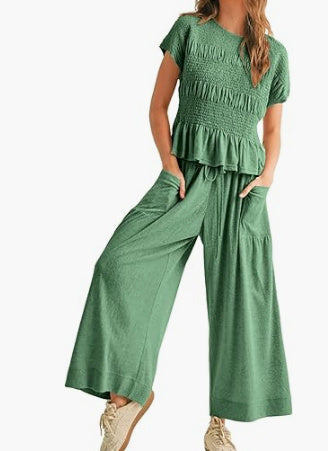 Women's 2-piece Pleated Top And Wide Leg Pants
