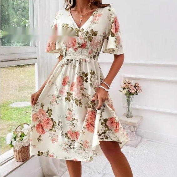 Ladies Plant Flower Print Belt Smocking Dress