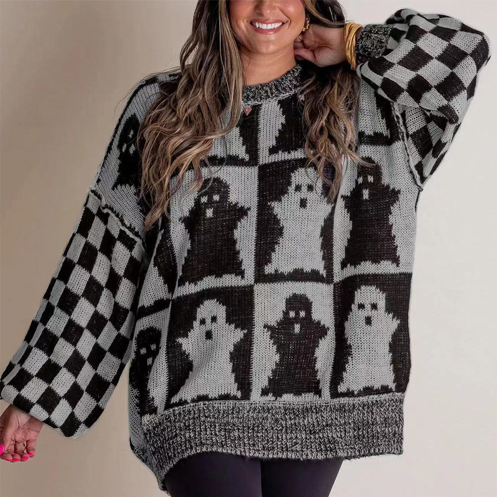 Halloween Cartoon Ghost And Checkerboard Print Sweater