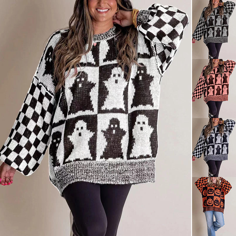 Halloween Cartoon Ghost And Checkerboard Print Sweater