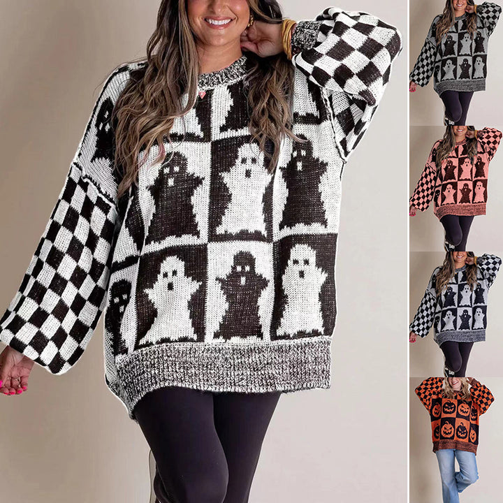 Halloween Cartoon Ghost And Checkerboard Print Sweater