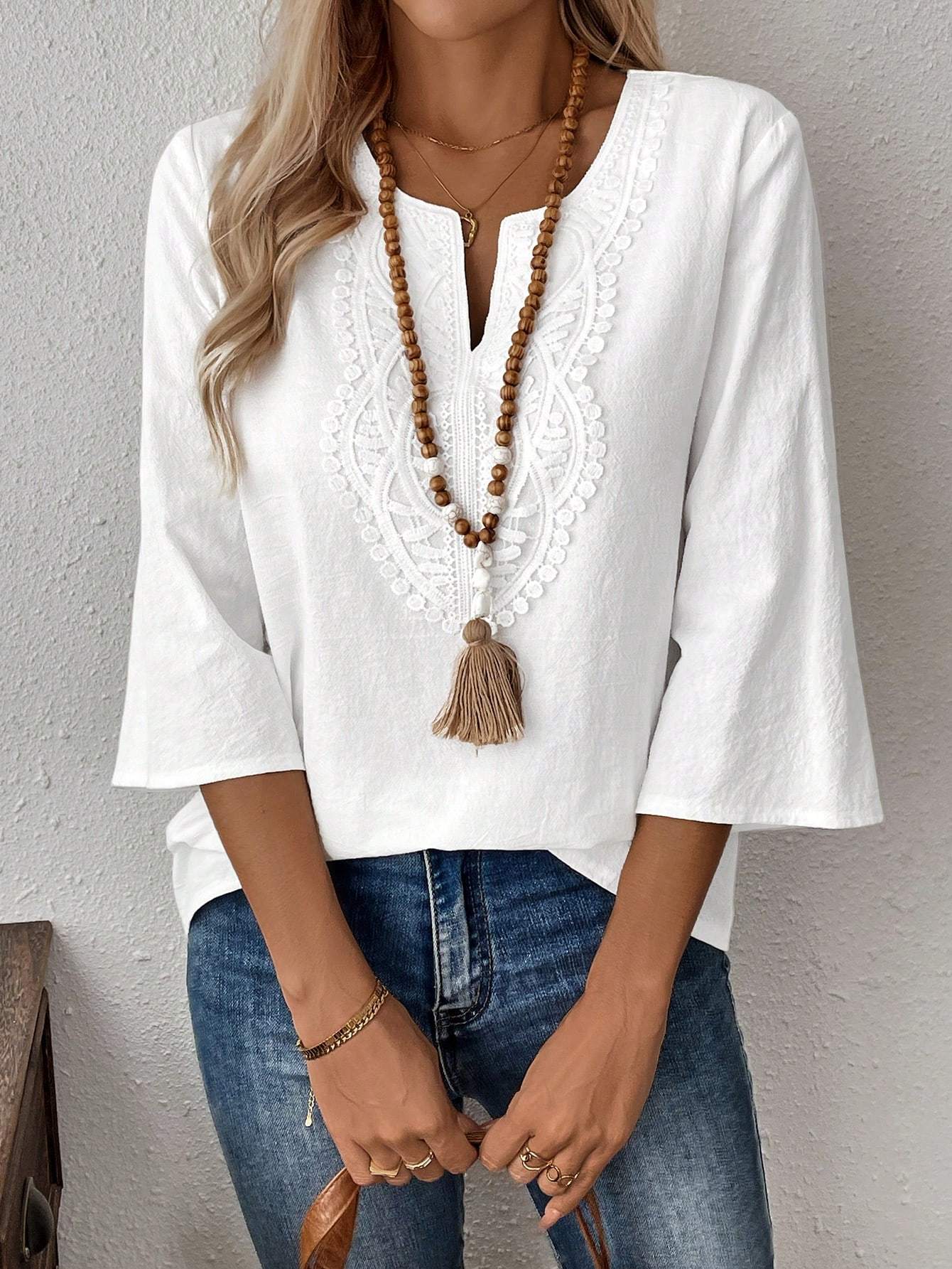 Women's Solid Color V-Neck Long Sleeve Blouse