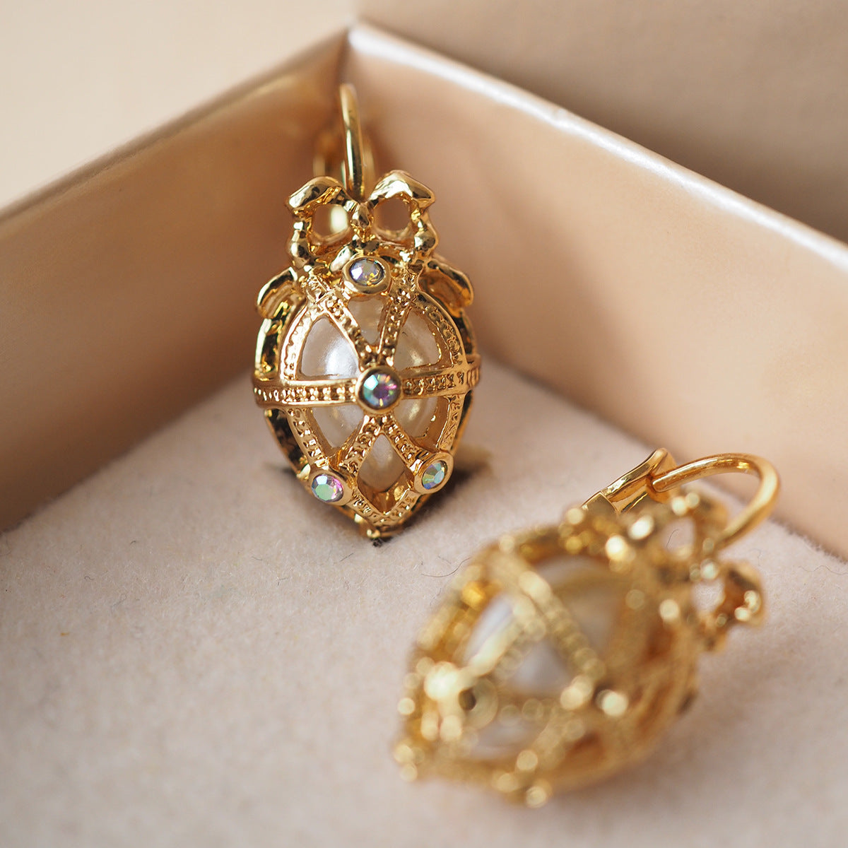 Vintage Easter Egg Bow Pendant Pearl Earrings