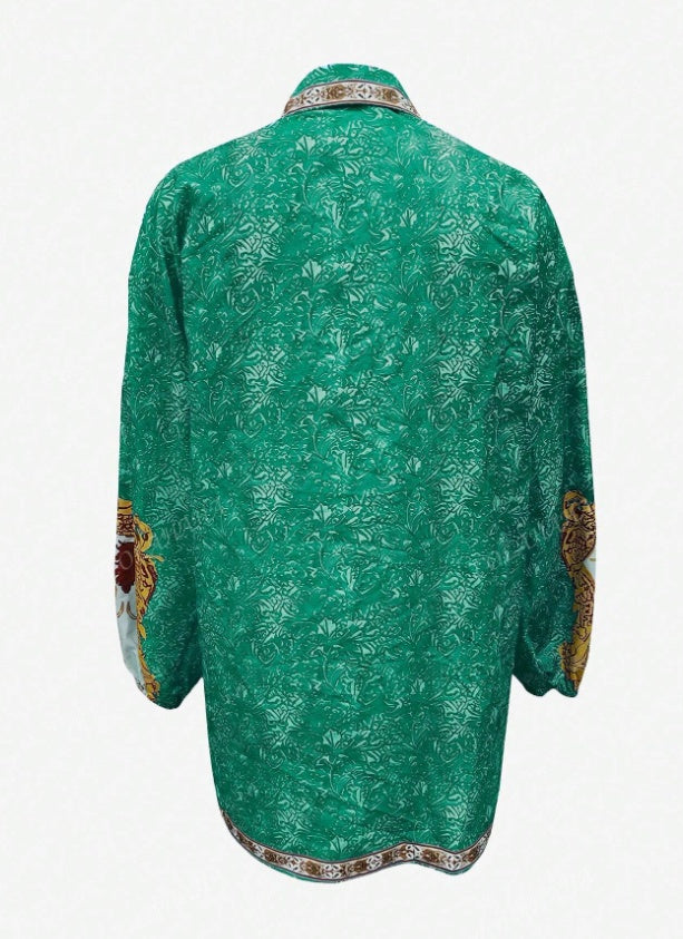 Allover Print Lapel Front Button Casual Vacation Dress