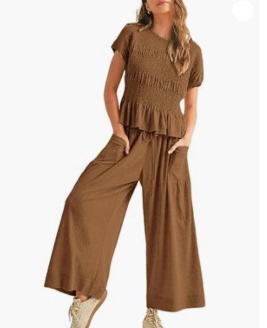 Women's 2-piece Pleated Top And Wide Leg Pants