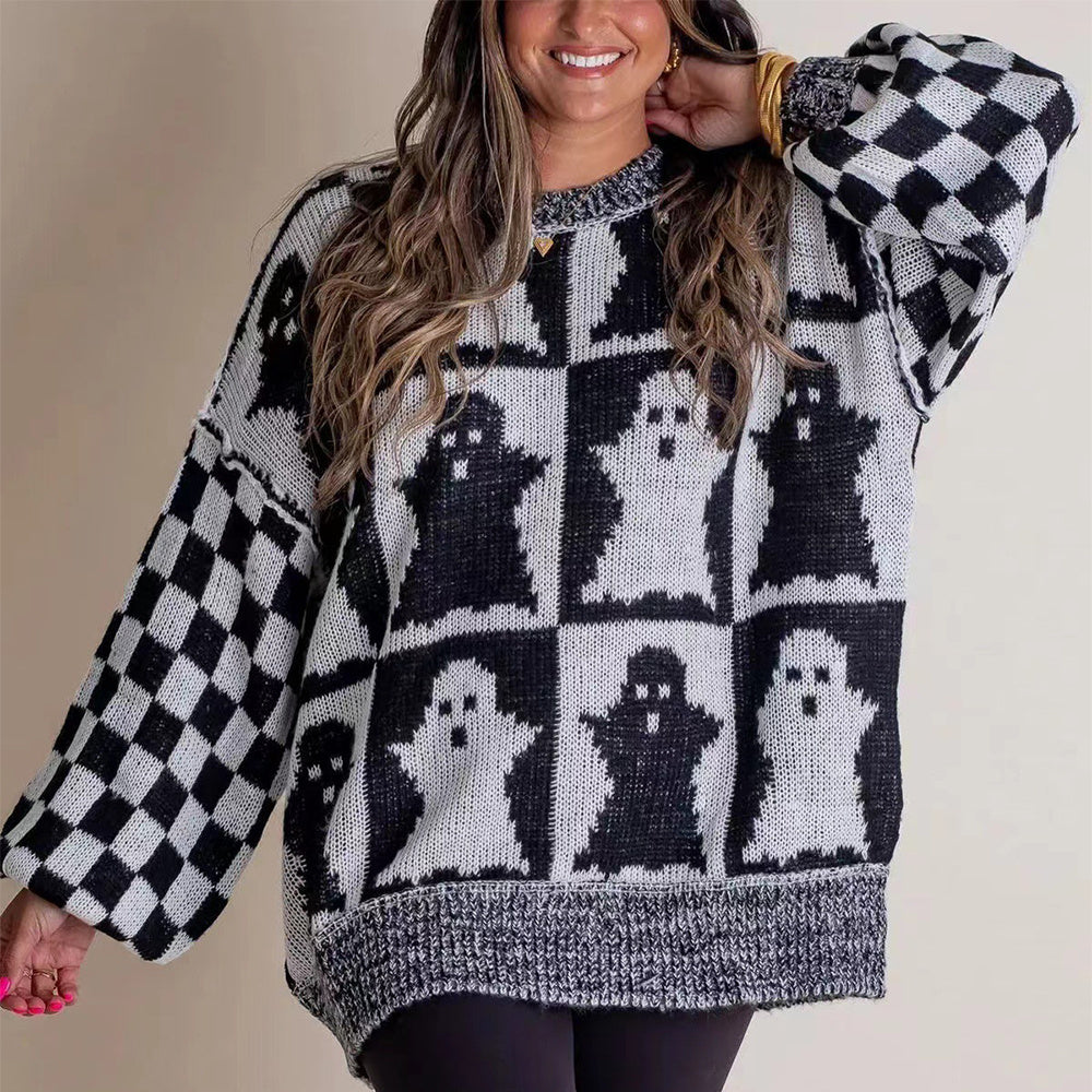 Halloween Cartoon Ghost And Checkerboard Print Sweater