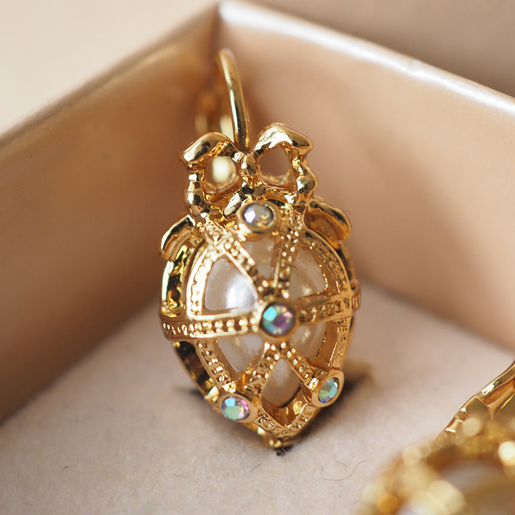 Vintage Easter Egg Bow Pendant Pearl Earrings
