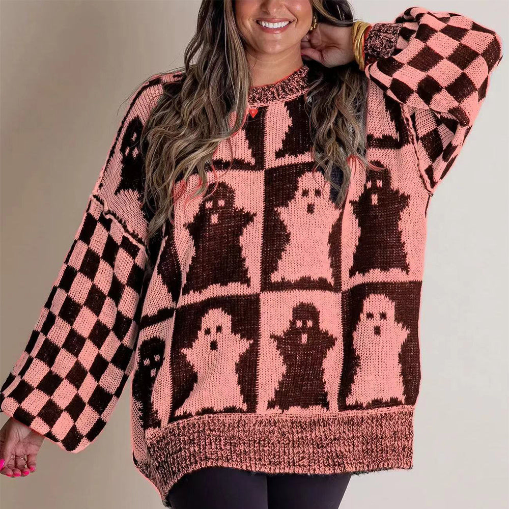 Halloween Cartoon Ghost And Checkerboard Print Sweater