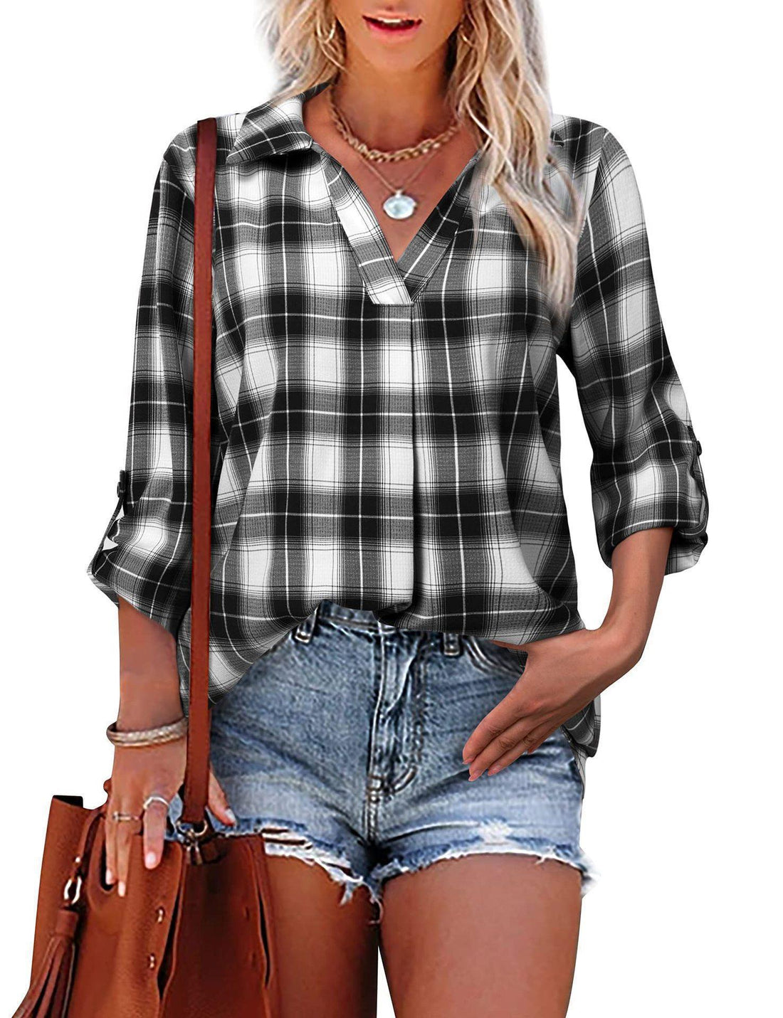 Lapel Loose Women's Plaid Shirt Commuter Style
