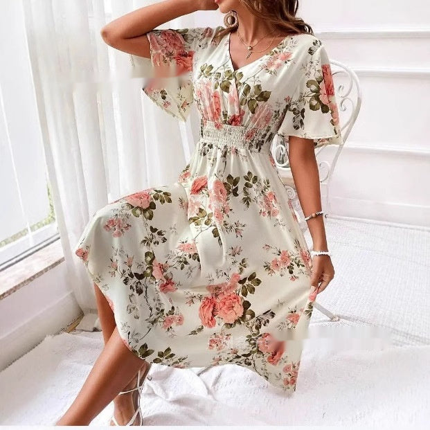 Ladies Plant Flower Print Belt Smocking Dress