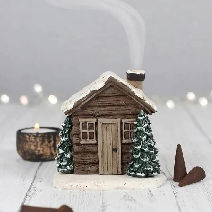 Log Cabin Incense Burner Rustic Christmas Resin Statue