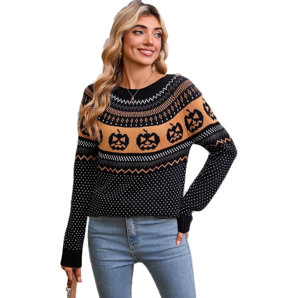 Women's Halloween Pumpkin Embroidered Sweater