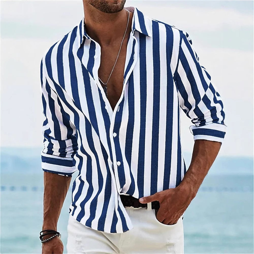 Men's Yarn-dyed Striped Casual Loose Long-sleeved Shirt