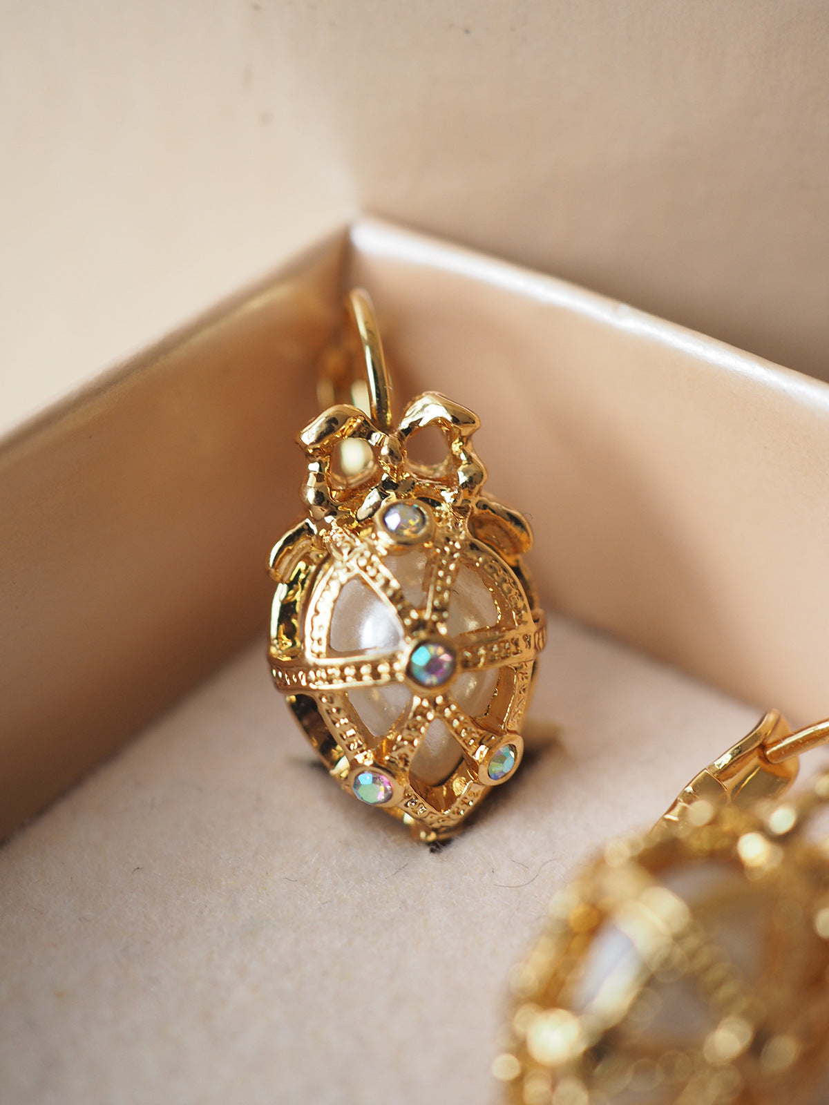 Vintage Easter Egg Bow Pendant Pearl Earrings