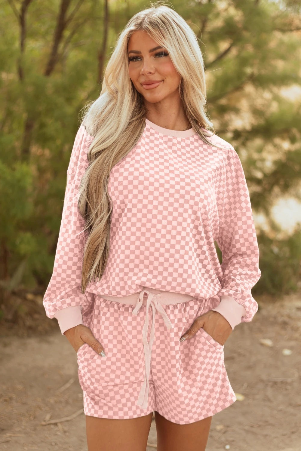 Women's Printed Checks Long Sleeve Two-piece Set