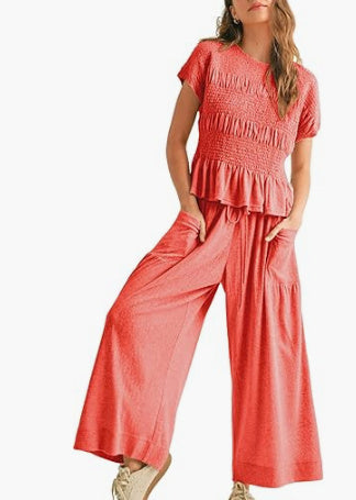 Women's 2-piece Pleated Top And Wide Leg Pants