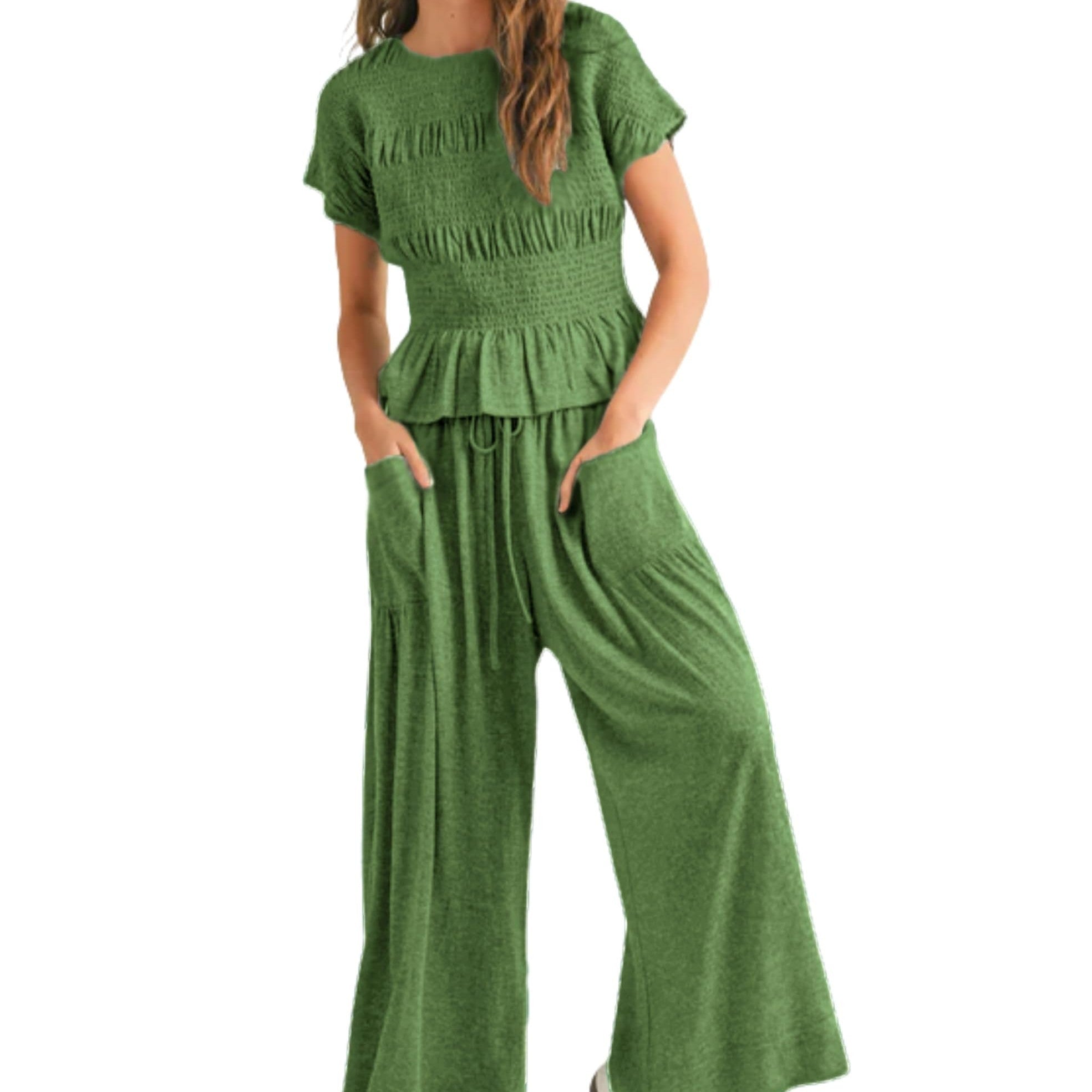 Women's 2-piece Pleated Top And Wide Leg Pants