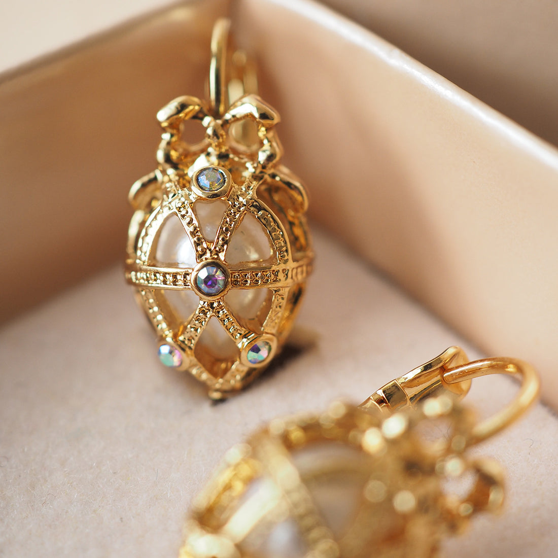 Vintage Easter Egg Bow Pendant Pearl Earrings