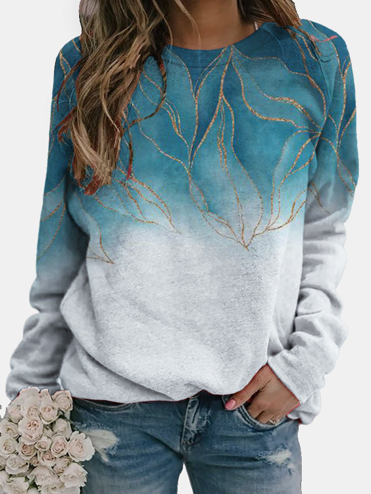 Loose Round Neck Floral Element Print Sweatshirt