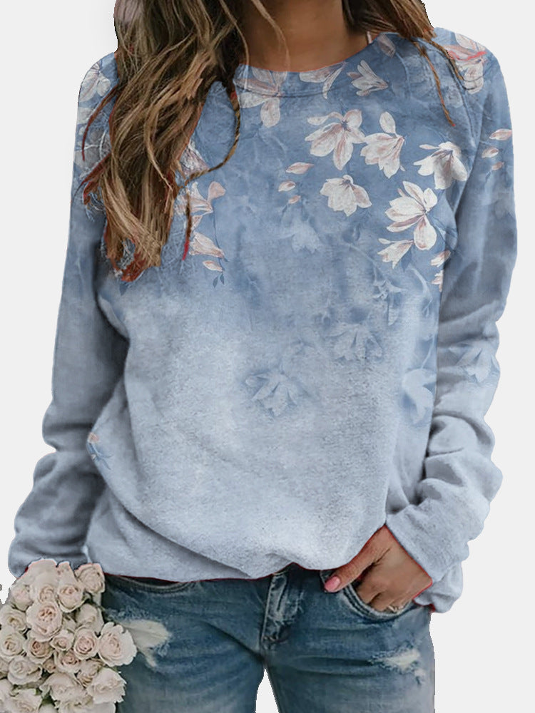 Loose Round Neck Floral Element Print Sweatshirt