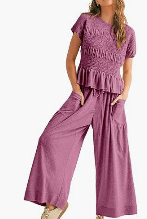 Women's 2-piece Pleated Top And Wide Leg Pants