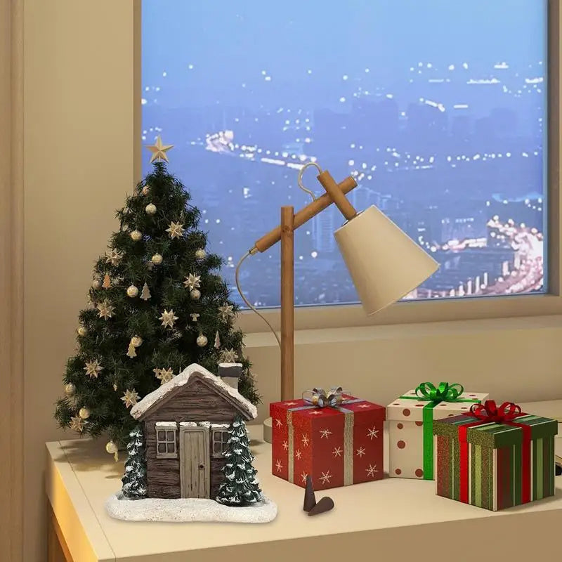 Log Cabin Incense Burner Rustic Christmas Resin Statue