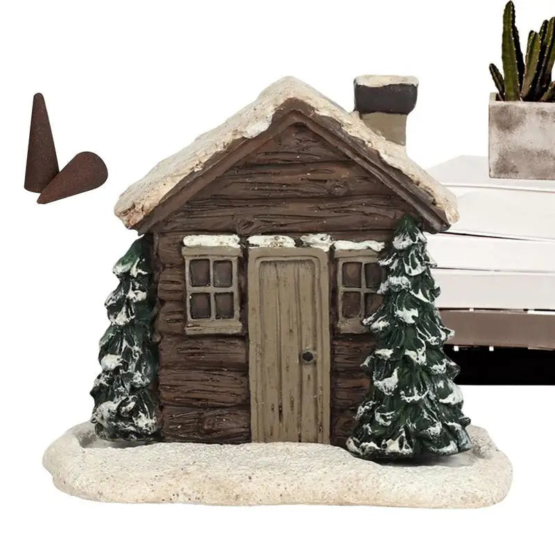 Log Cabin Incense Burner Rustic Christmas Resin Statue