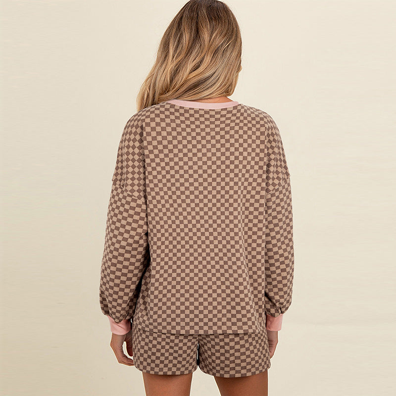 Women's Printed Checks Long Sleeve Two-piece Set
