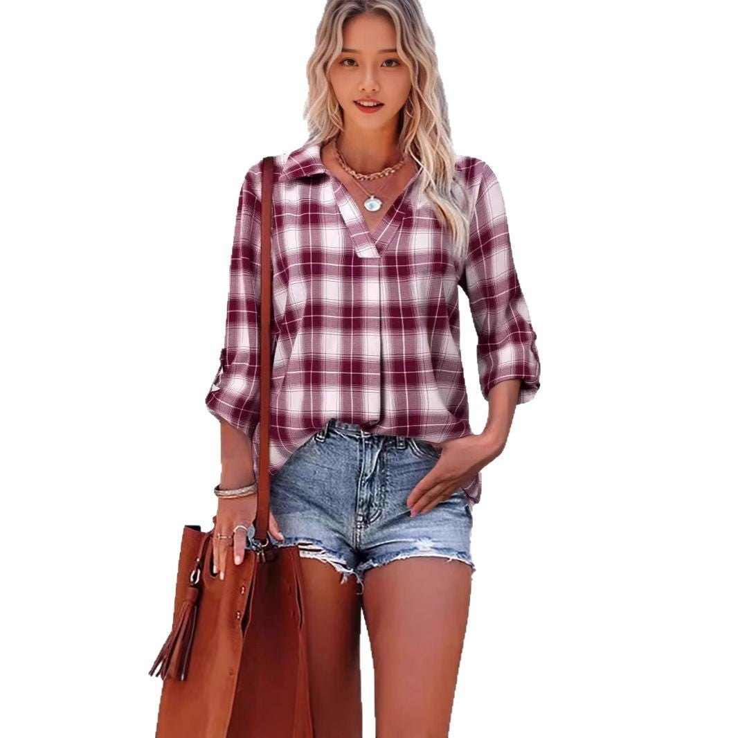 Lapel Loose Women's Plaid Shirt Commuter Style