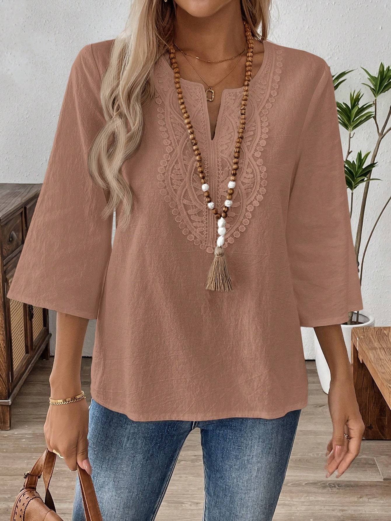 Women's Solid Color V-Neck Long Sleeve Blouse
