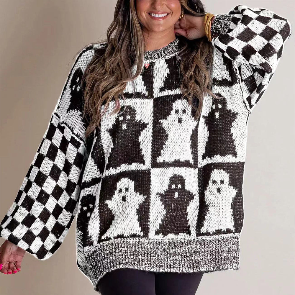 Halloween Cartoon Ghost And Checkerboard Print Sweater
