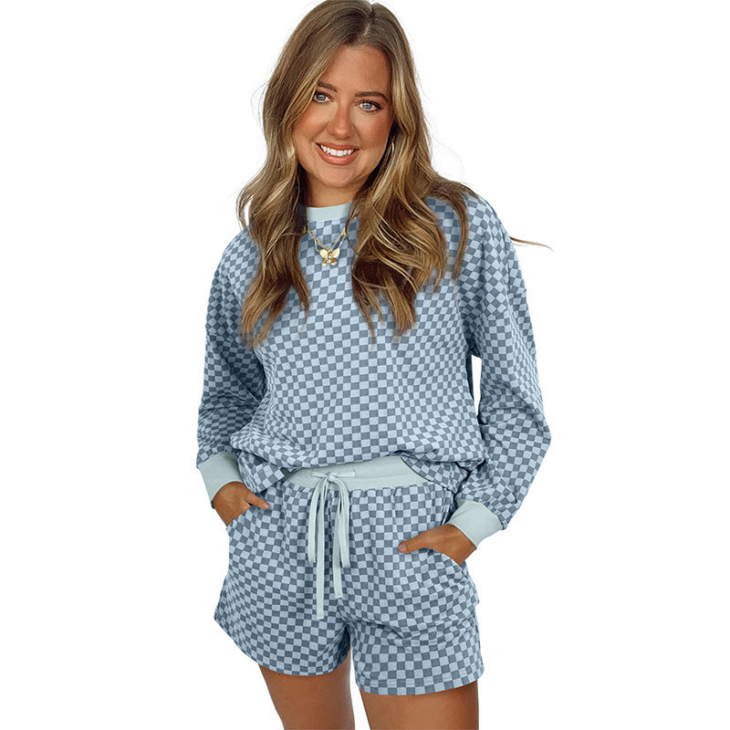 Women's Printed Checks Long Sleeve Two-piece Set
