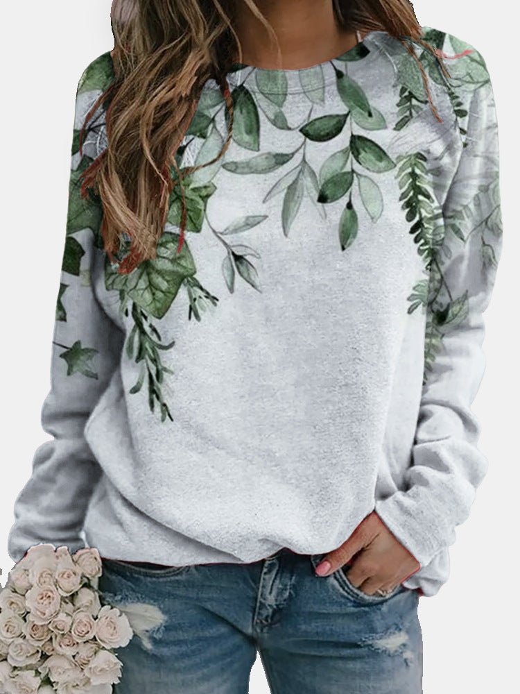 Loose Round Neck Floral Element Print Sweatshirt